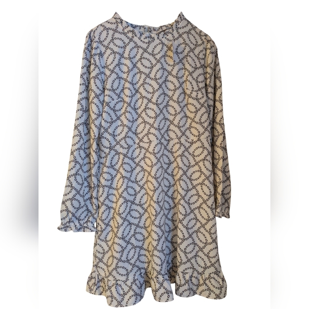 LOFT Cream and Black Long Sleeve Printed Dress